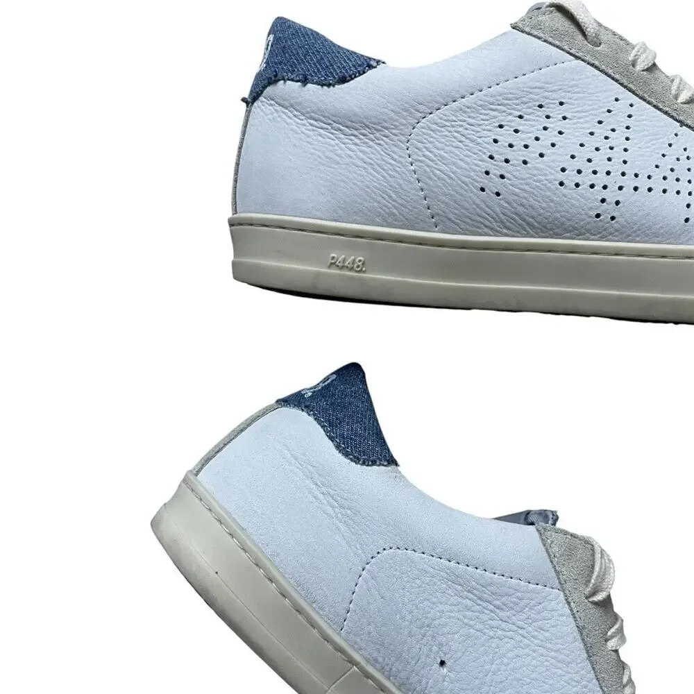 P448 John Denim Lace up Low Top Sneakers Women's White/Blue Round Toe Sz 38